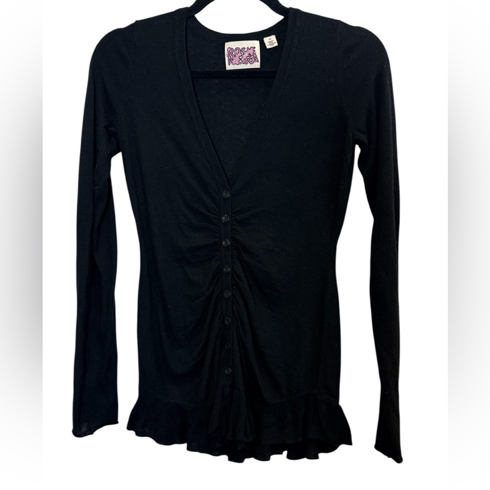 Anthropologie Rosie Niera Black Y2K Whimsygoth Ruched Button-Down Sweater sz XS